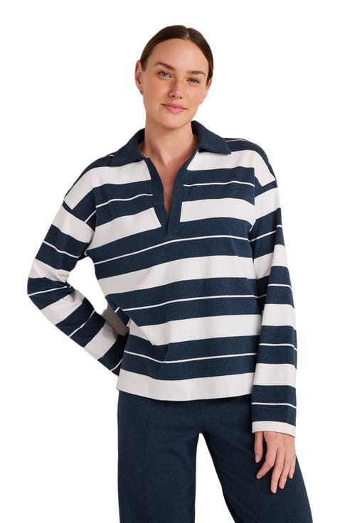 Organic Cotton Interlock Stripe Johnny Collar Top