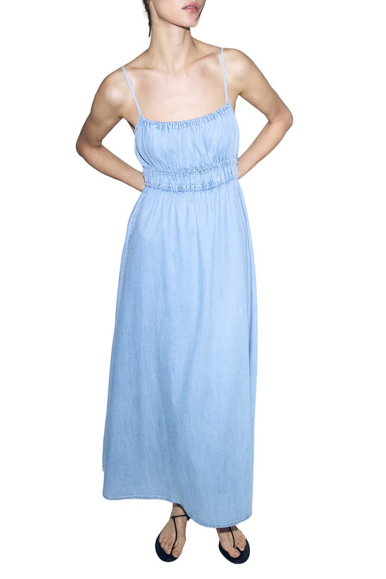 Gathered Waist Denim Maxi Dress, Main, color, LIGHT BLUE