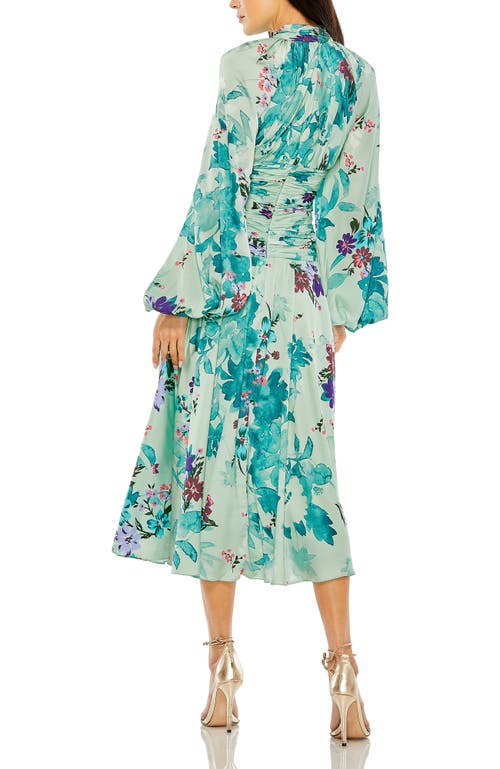 Mac Duggal Floral Print Satin Long Sleeve Keyhole Gown In Sage Multi
