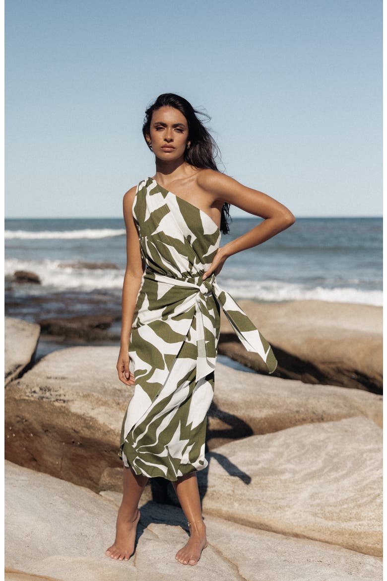 Zara Print One-Shoulder Midi Dress, Alternate, color, OLIVE PALM