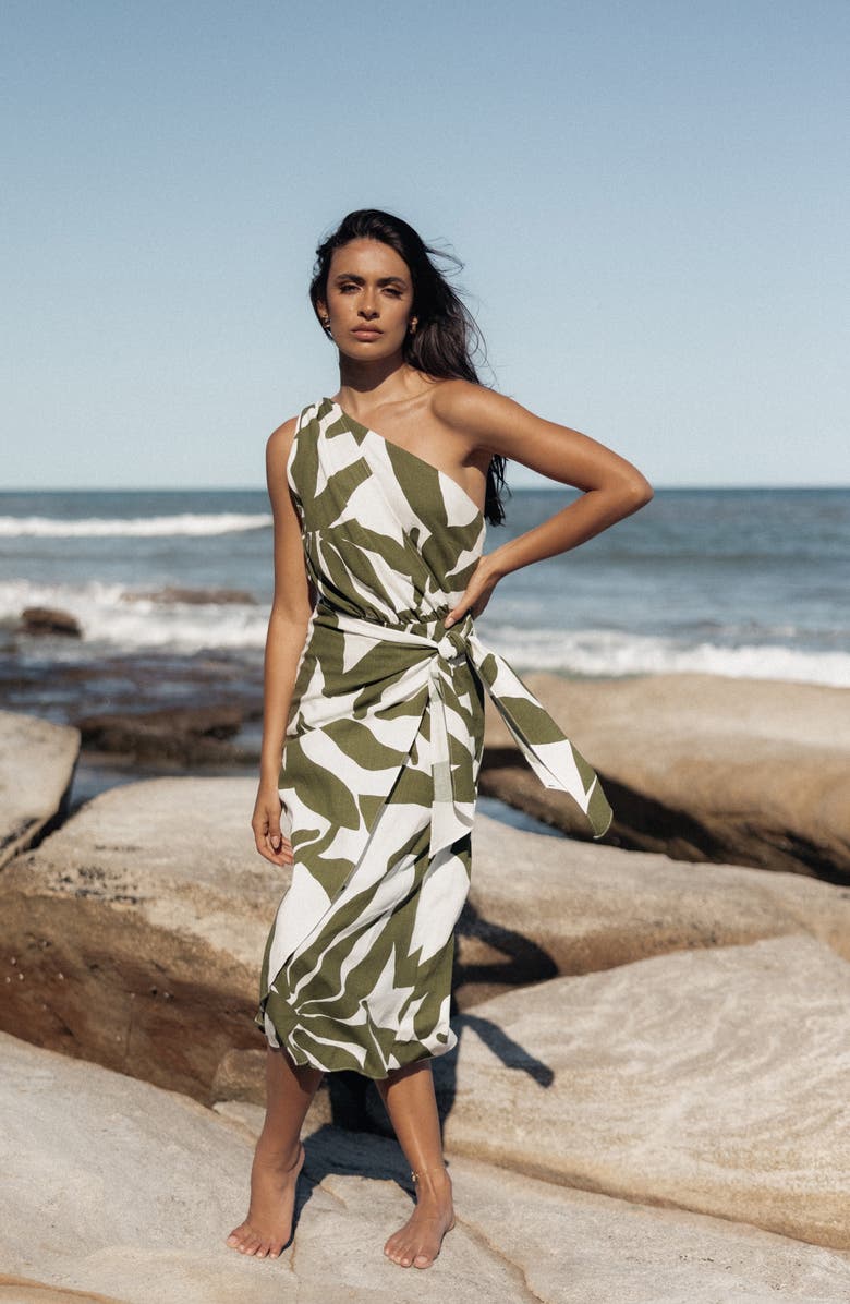 Petal & Pup Zara Print One-Shoulder Midi Dress, Alternate, color, Olive Palm