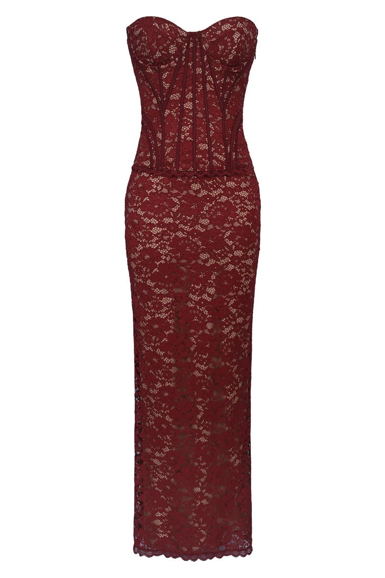 Solaine Lace-Up Strapless Lace Corset Gown, Alternate, color, CABERNET