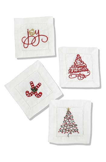 Tiramisu Embroidered Set Of 4 Holiday Cocktail Napkins In White