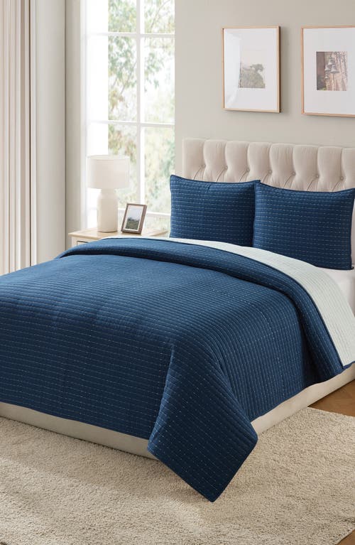 Vcny Home Pickstitch 3-piece Queen Quilt Set In Blue