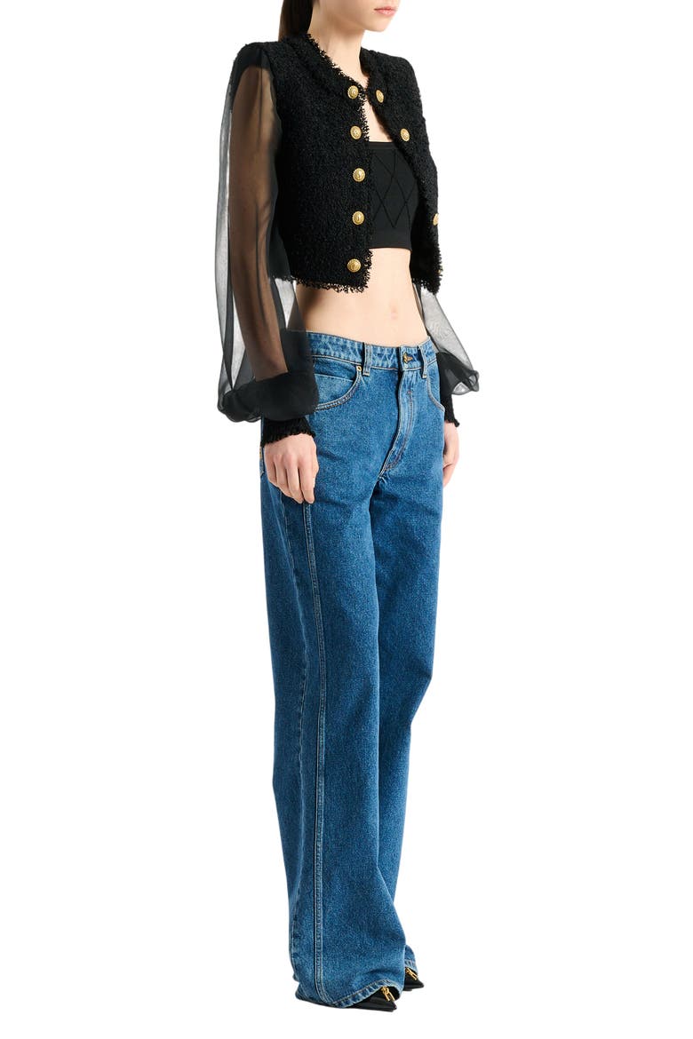 Cropped tweed and muslin jacket, Main, color, black