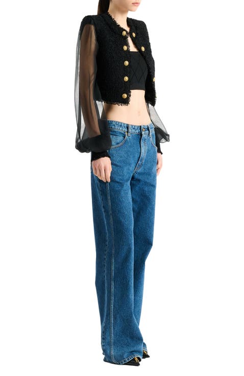 Cropped tweed and muslin jacket