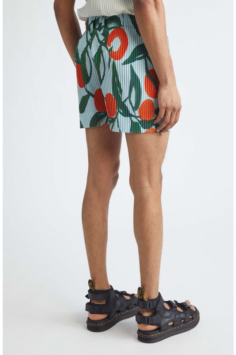 Pleated Fruits & Vegetables Print Shorts, Alternate, color, BLUE