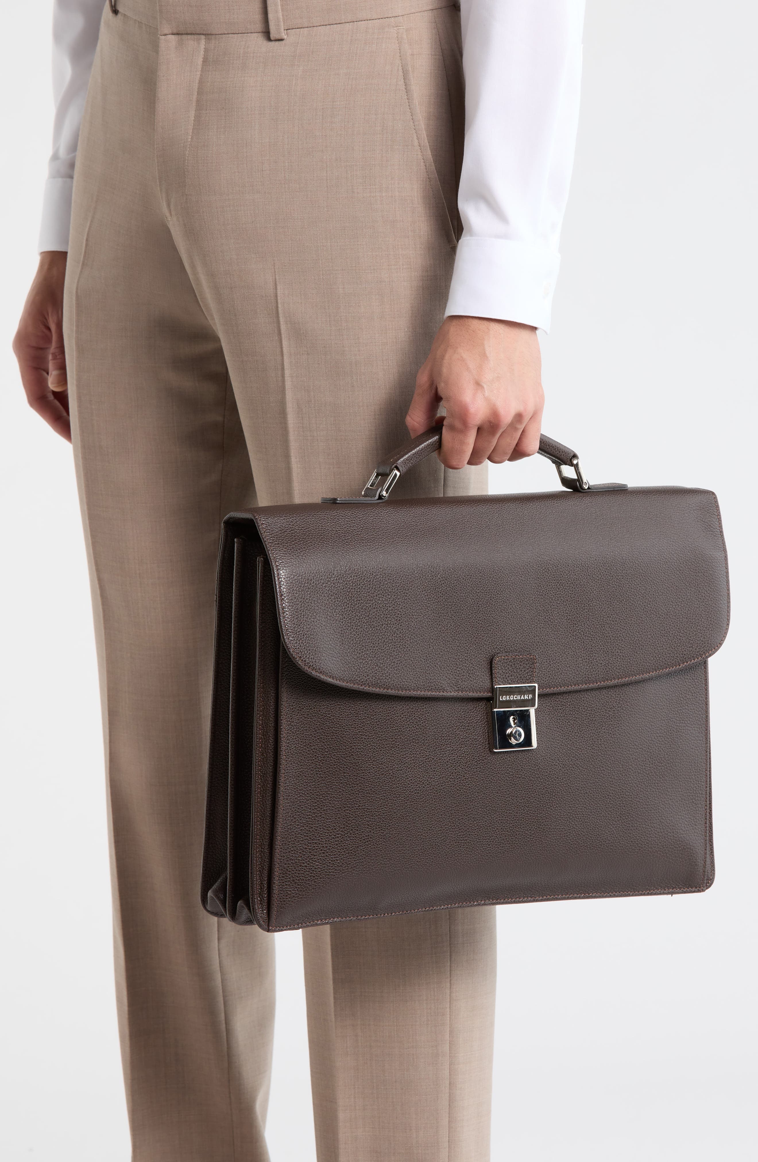 Longchamp Leather Flap Briefcase, Alternate, color, Moka