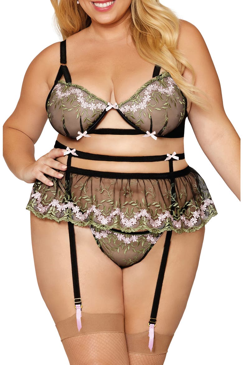 Embroidered Underwire Bra, Garter Belt & Thong Set, Main, color, BLACK/PINK