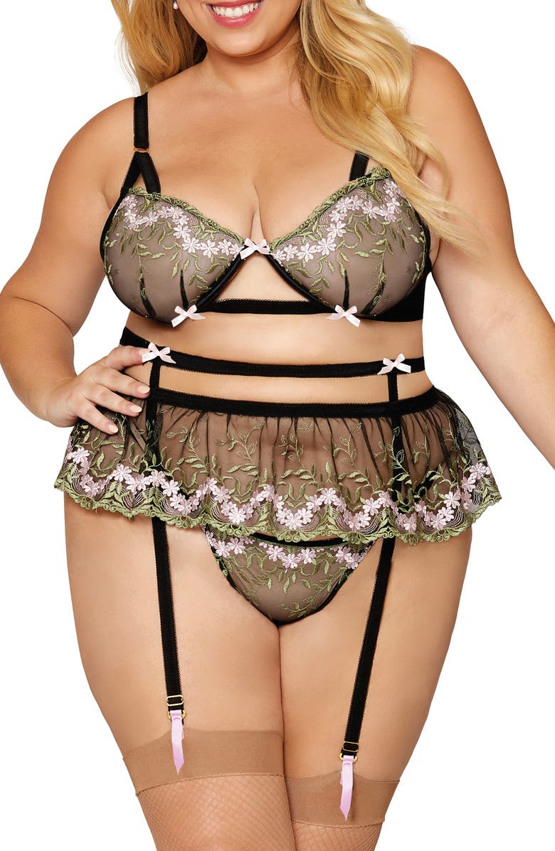 Dreamgirl Embroidered Underwire Bra, Garter Belt & Thong Set, Main, color, 