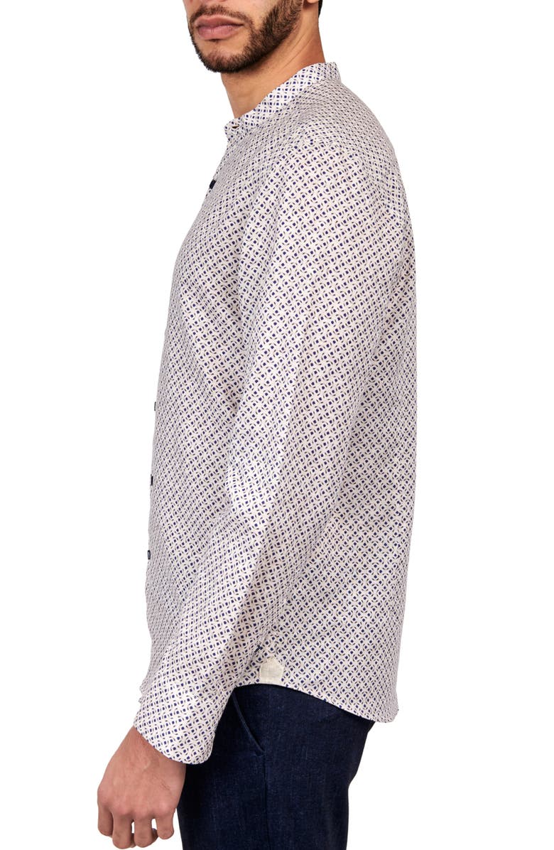 Brooklyn Brigade Slim Fit Geo Linen Cotton Banded Collar Long Sleeve Shirt, Alternate, color, Tan/Blue