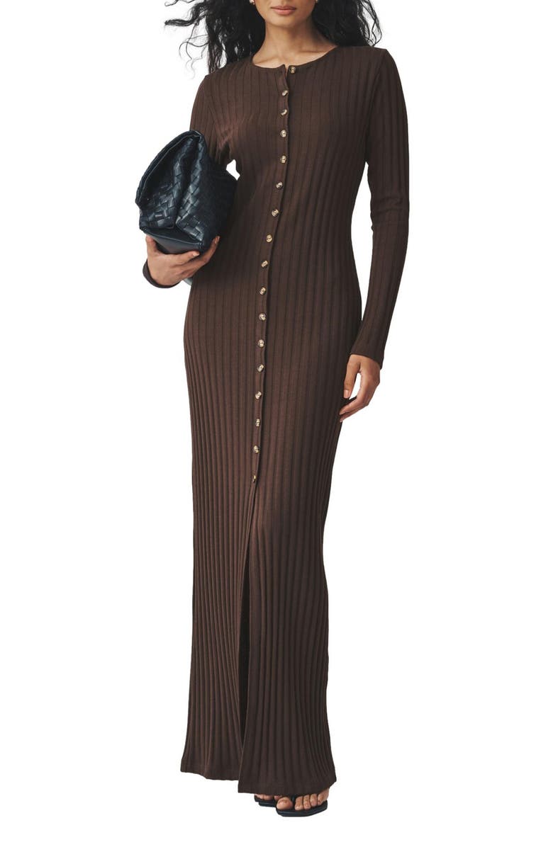 NEXT Long Sleeve Rib Maxi Dress, Main, color, Brown
