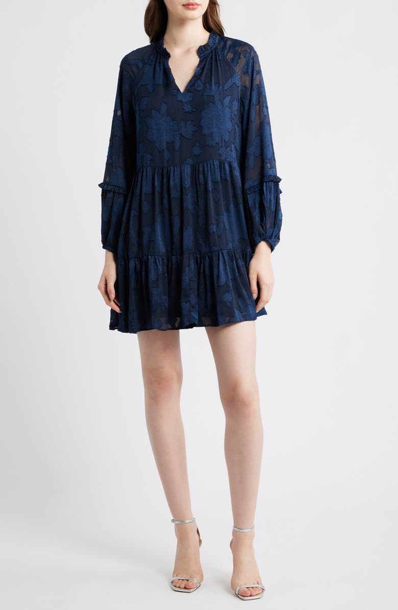 Halogen<sup>®</sup> Long Sleeve Floral Tiered Dress, Main, color, Classic Navy