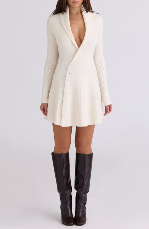 Ayla Plunge Neck Rib Knit Sweater Dress