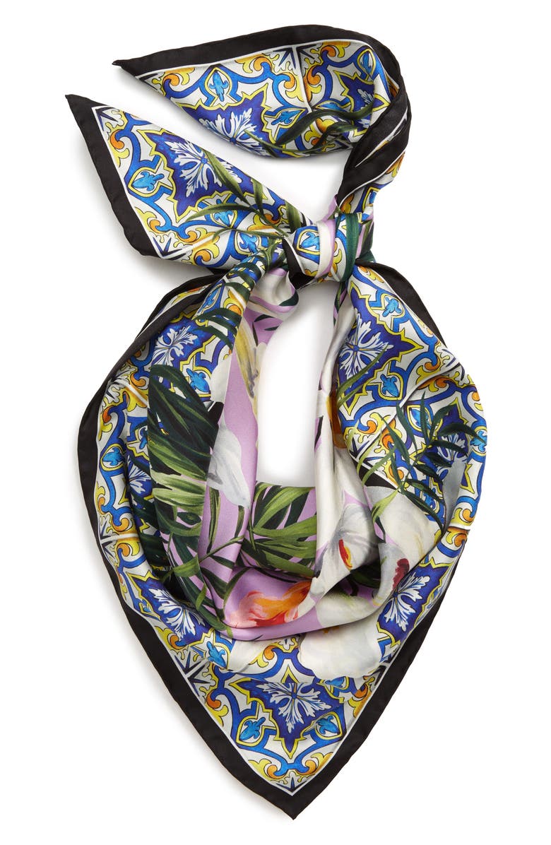 Dolce&Gabbana Orchid & Maiolica Print Silk Scarf, Alternate, color, 