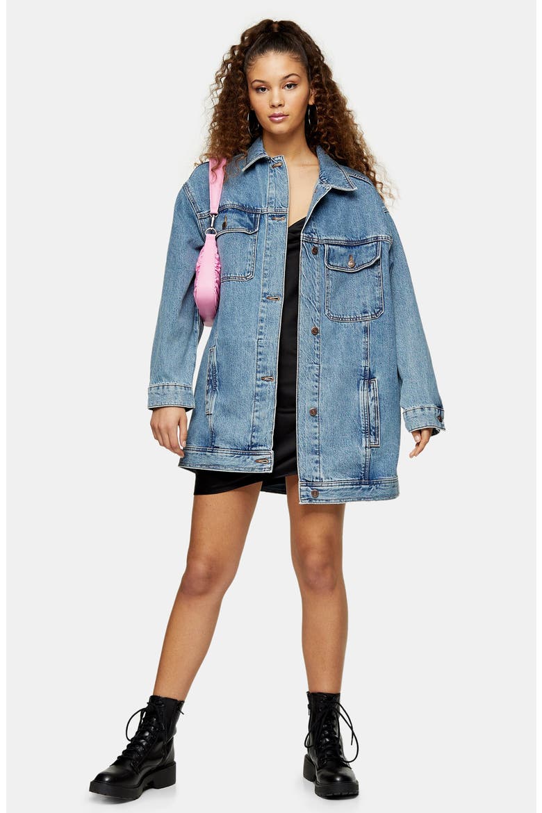 Oversize Long Denim Jacket, Alternate, color, MID DENIM