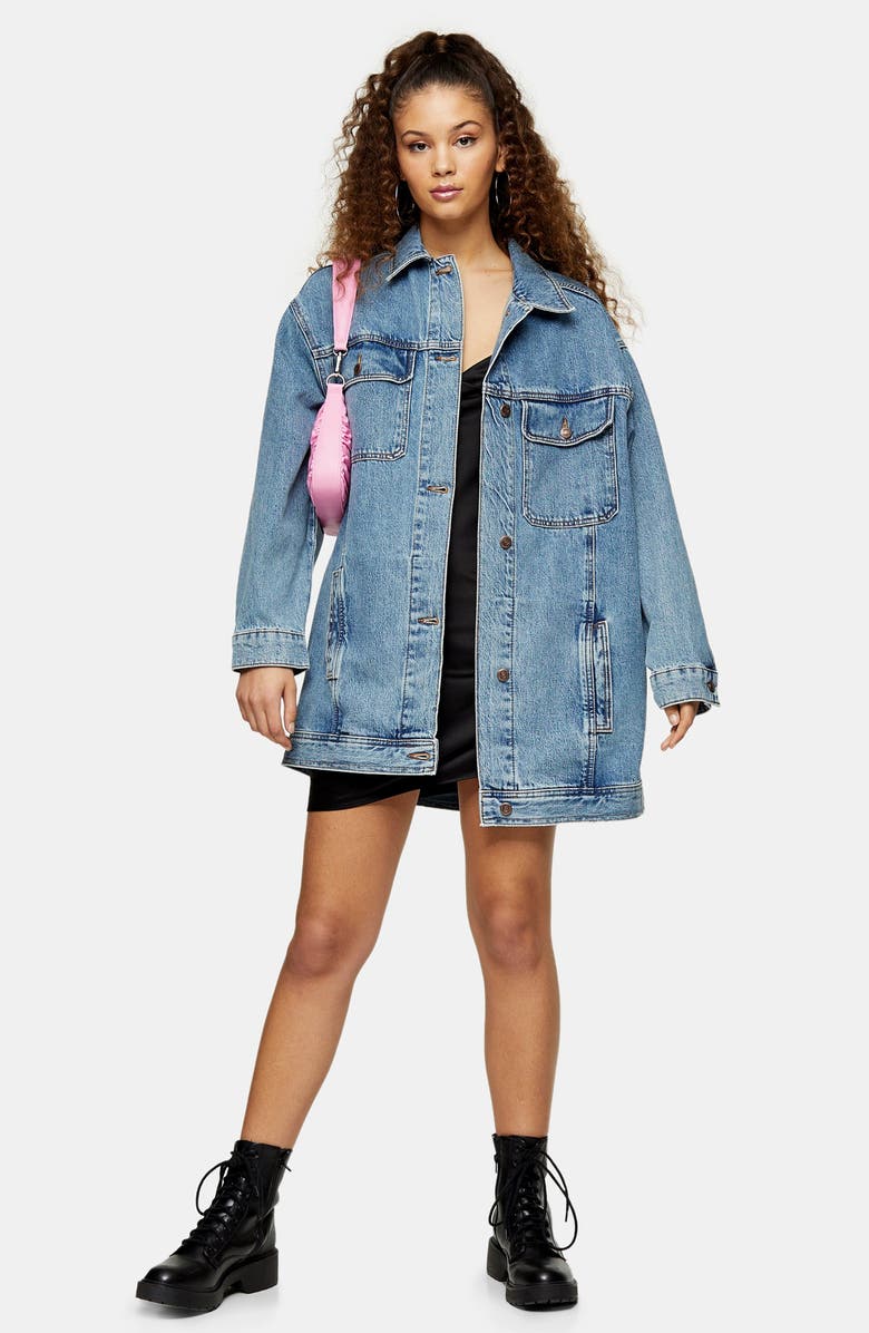 Topshop Oversize Long Denim Jacket, Alternate, color, 