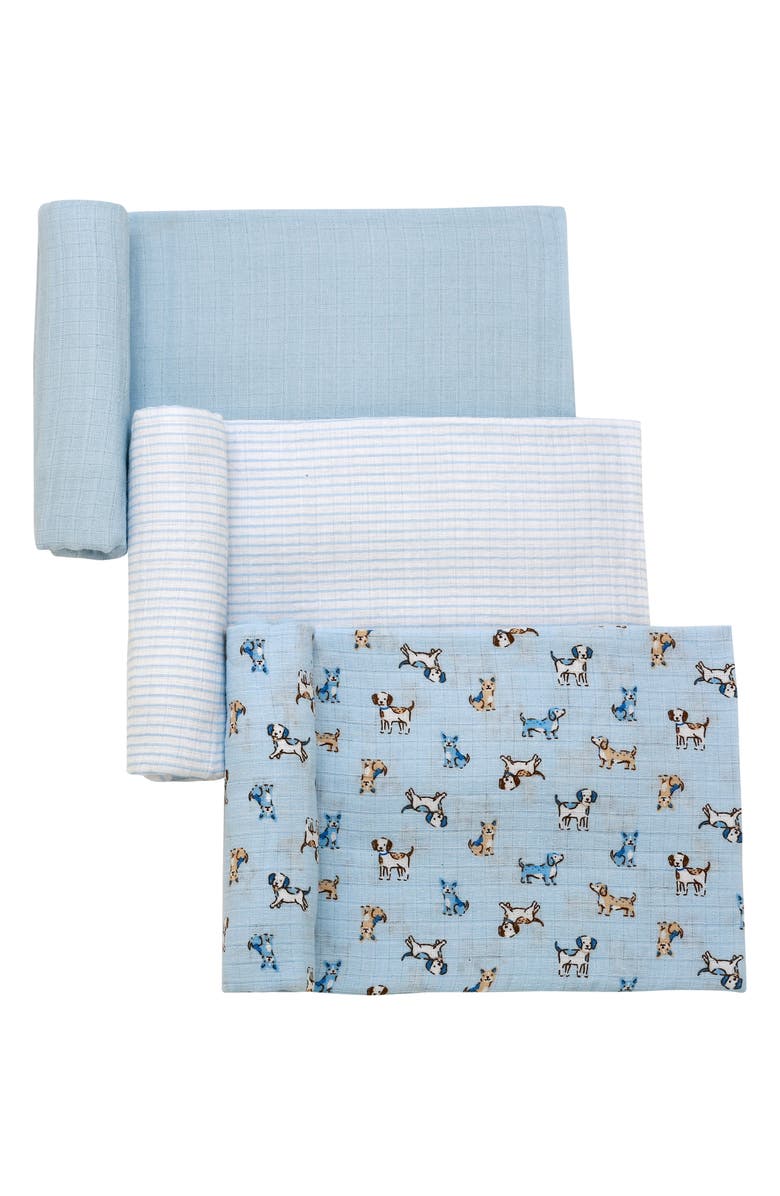 Little Me 3-Pack Cotton Muslin Swaddle Blankets, Main, color, Blue