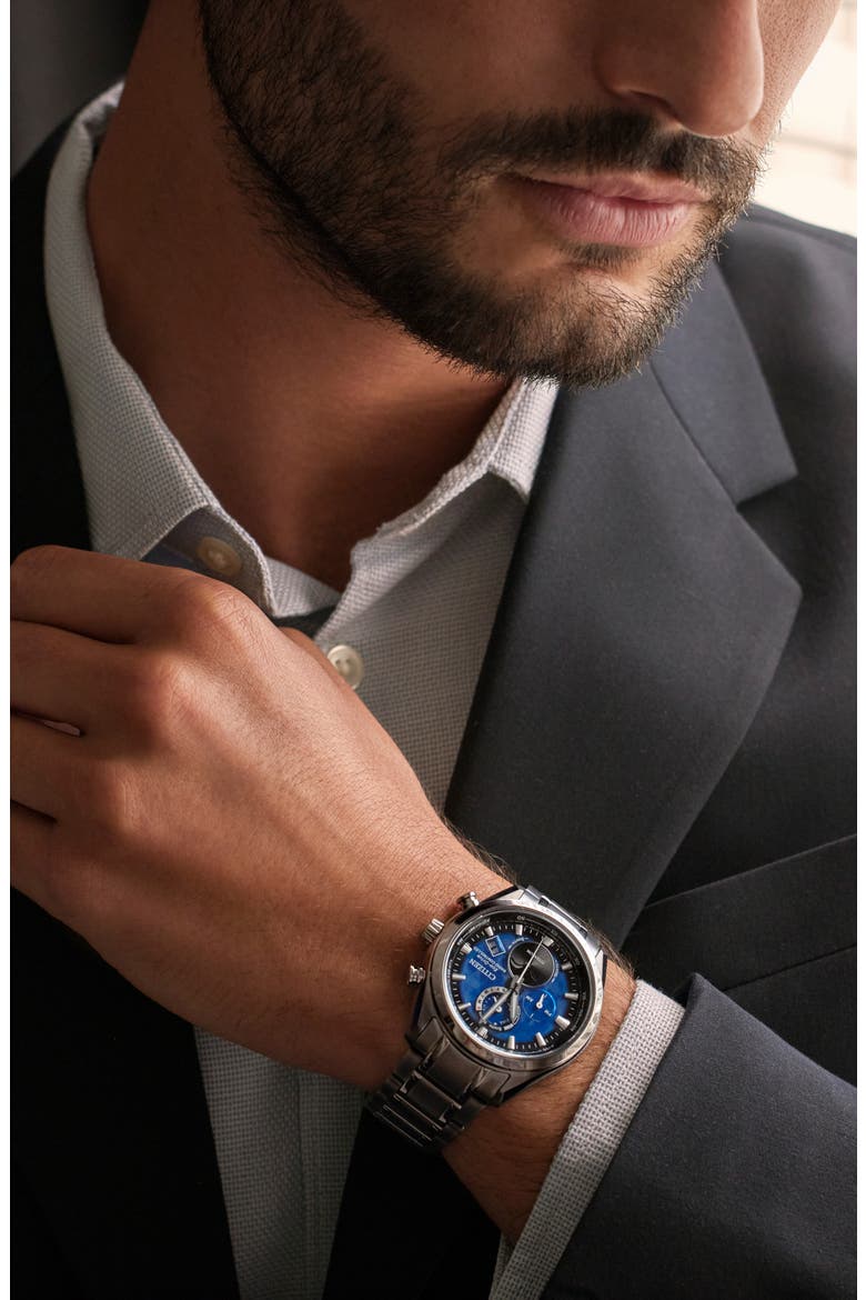 Tsuki-yomi Atomic Timekeeping Super Titanium™ Bracelet Watch, 43mm, Alternate, color, SILVER-TONE BLUE