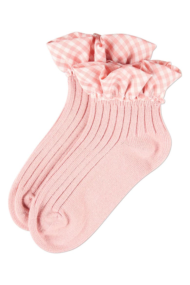 Ribbed  Checkered Ruffle-Trim Ankle Sock, Alternate, color, Pink