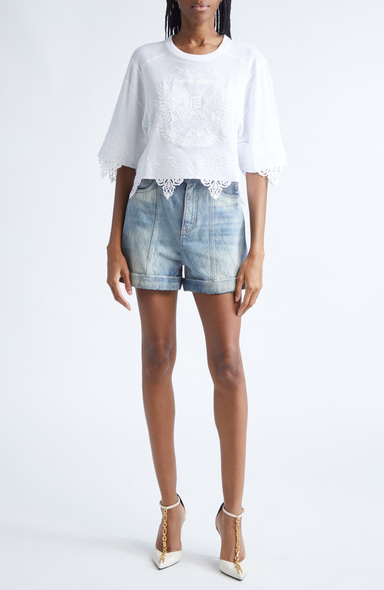 Balmain Quilted High Waist Denim Shorts, Alternate, color, 6Fc Lt Blue