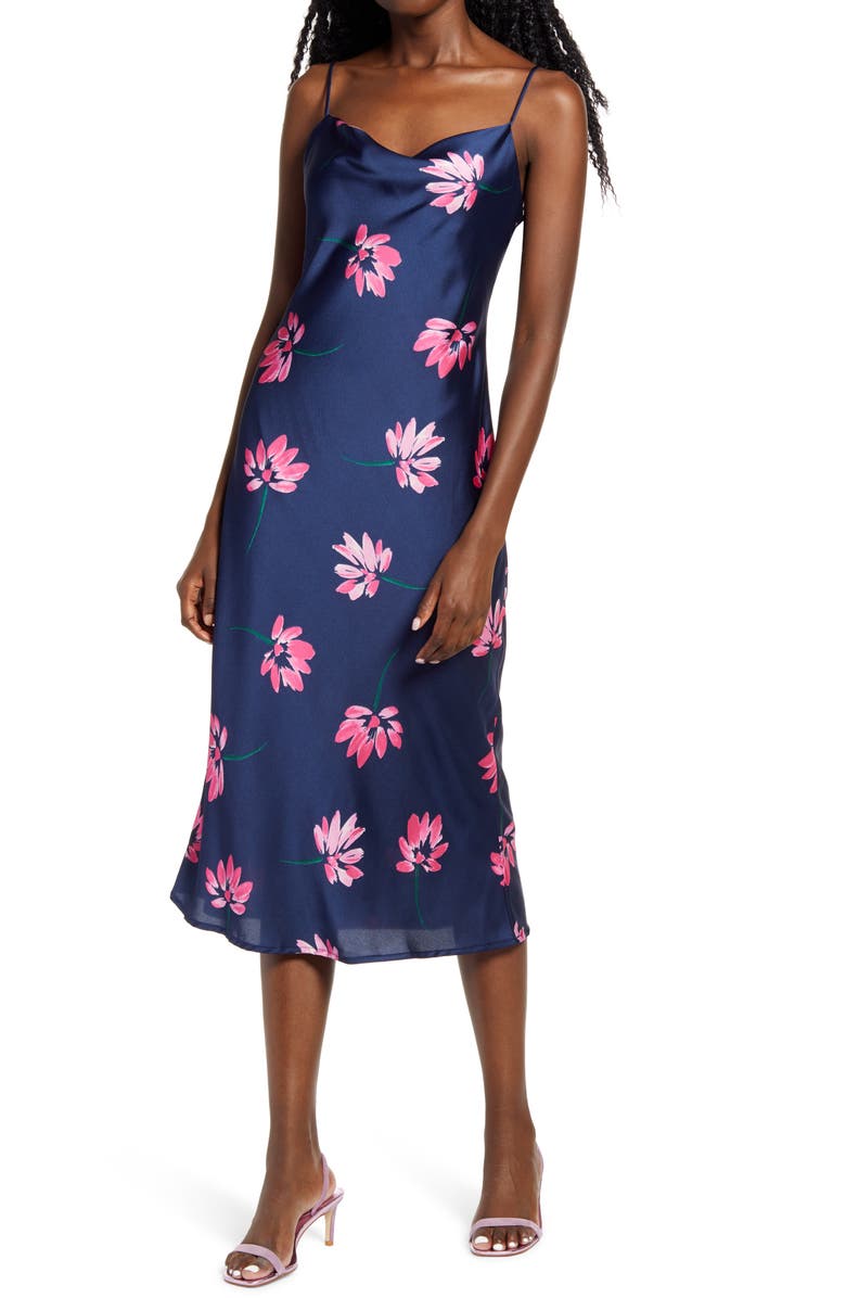 All in Favor Cowl Neck Satin Midi Dress, Main, color, 