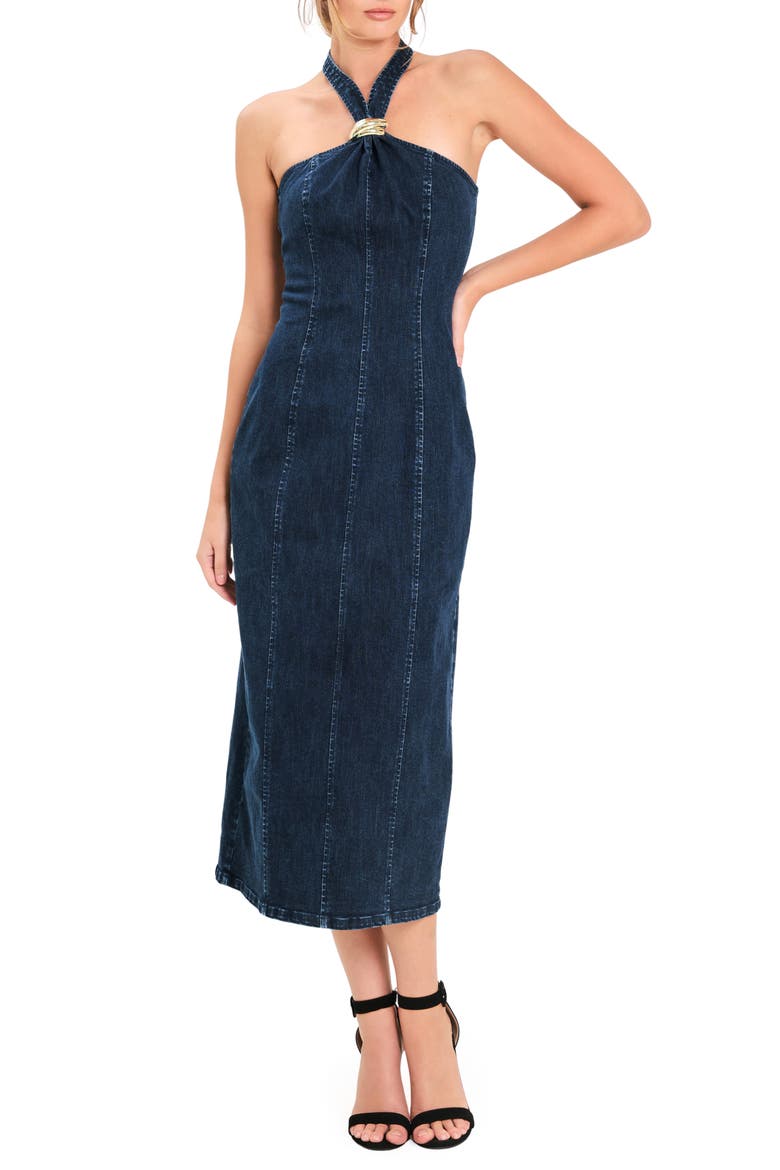 Halter Neck Denim Midi Dress, Main, color, DARK INDIGO