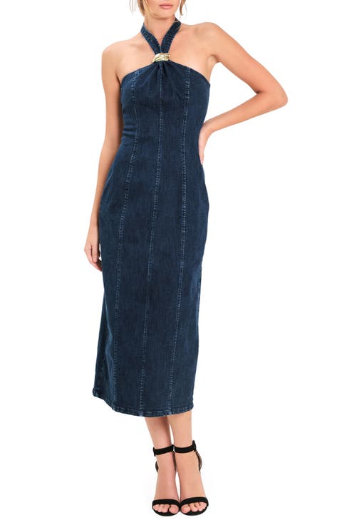 Halter Neck Denim Midi Dress