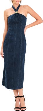FLYING TOMATO Halter Neck Denim Midi Dress