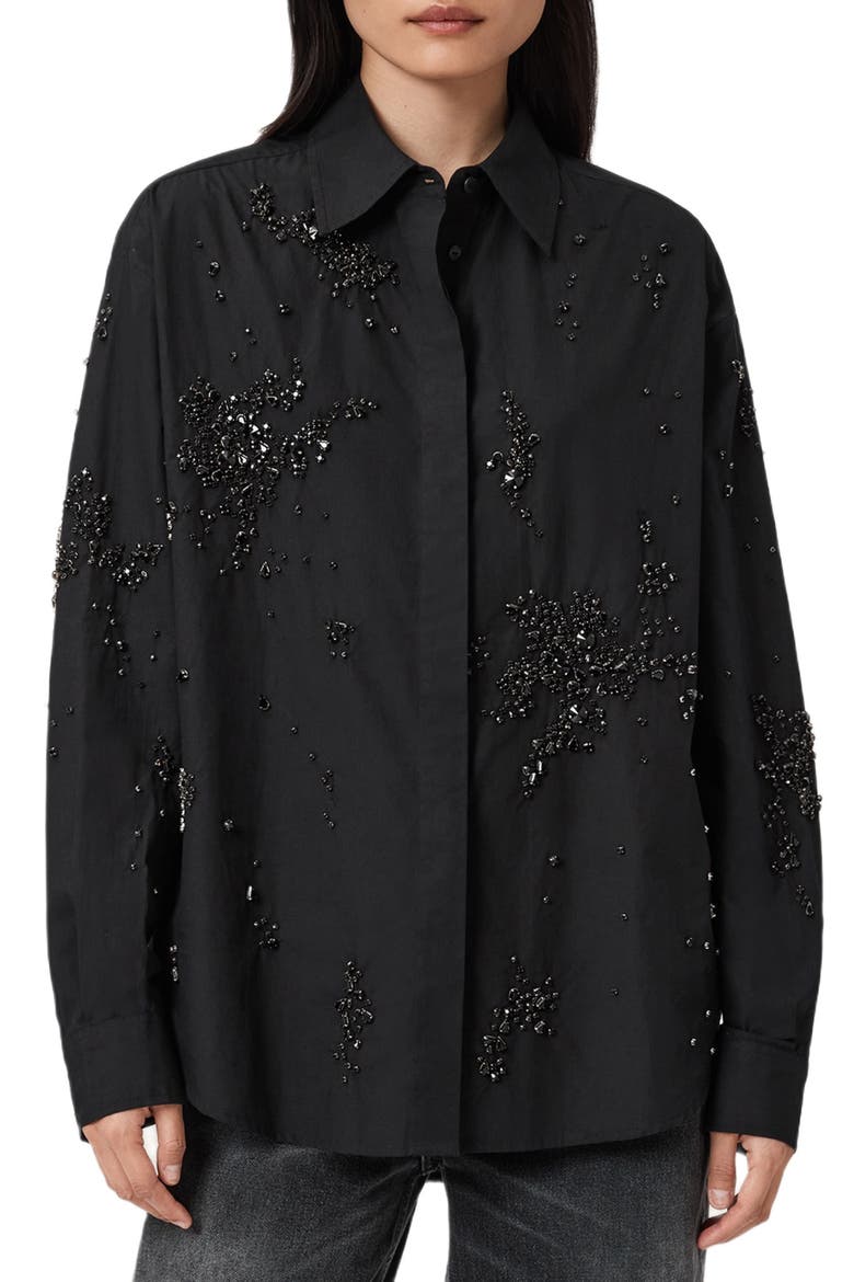 Gemi Bead Detail Cotton Button-Up Shirt, Main, color, BLACK