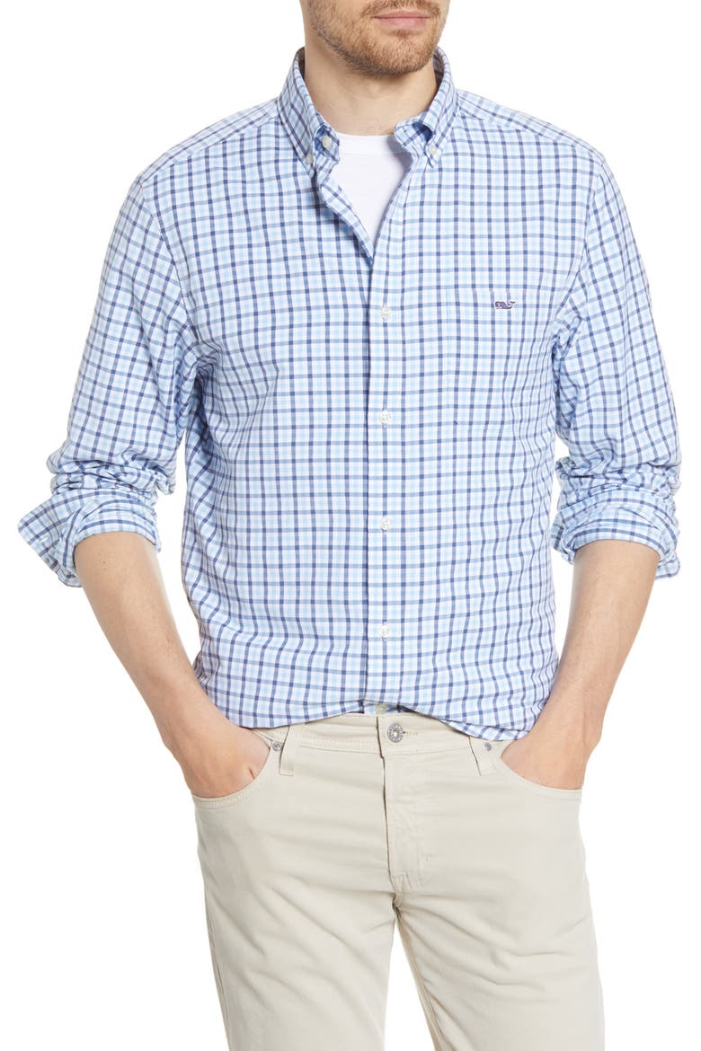 Tucker Mizpah Plaid Button-Down Performance Shirt, Main, color, JAKE BLUE
