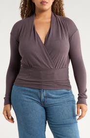 Renee C Surplice V-Neck Long Sleeve Brushed Knit Top