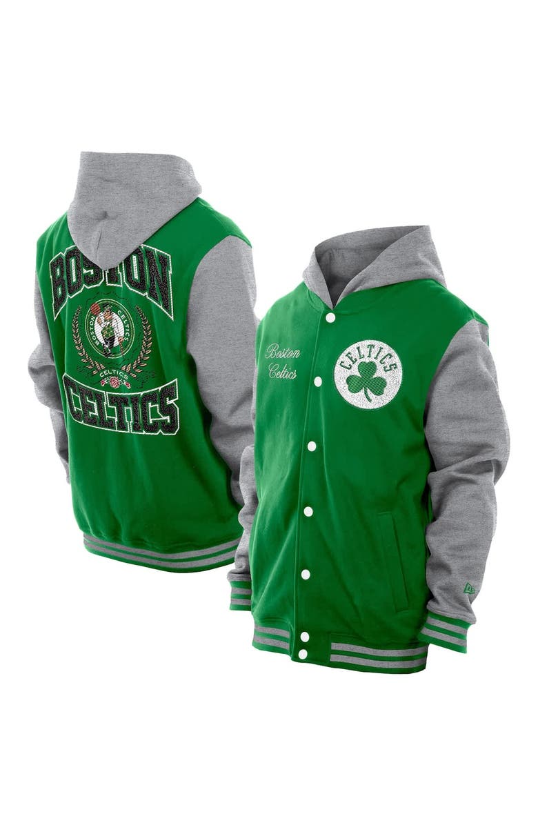 New Era Men's New Era  Kelly Green Boston Celtics Throwback Prep Chenille Full-Snap Hooded Varsity Jacket, Main, color, Kelly Green
