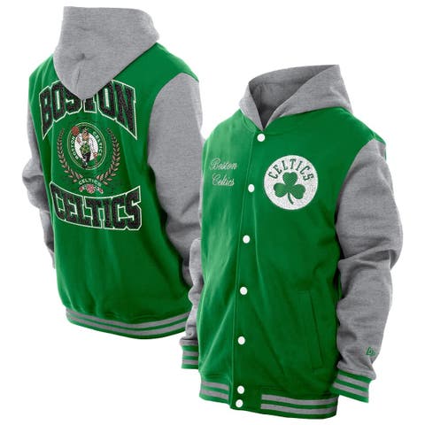 Men's New Era  Kelly Green Boston Celtics Throwback Prep Chenille Full-Snap Hooded Varsity Jacket