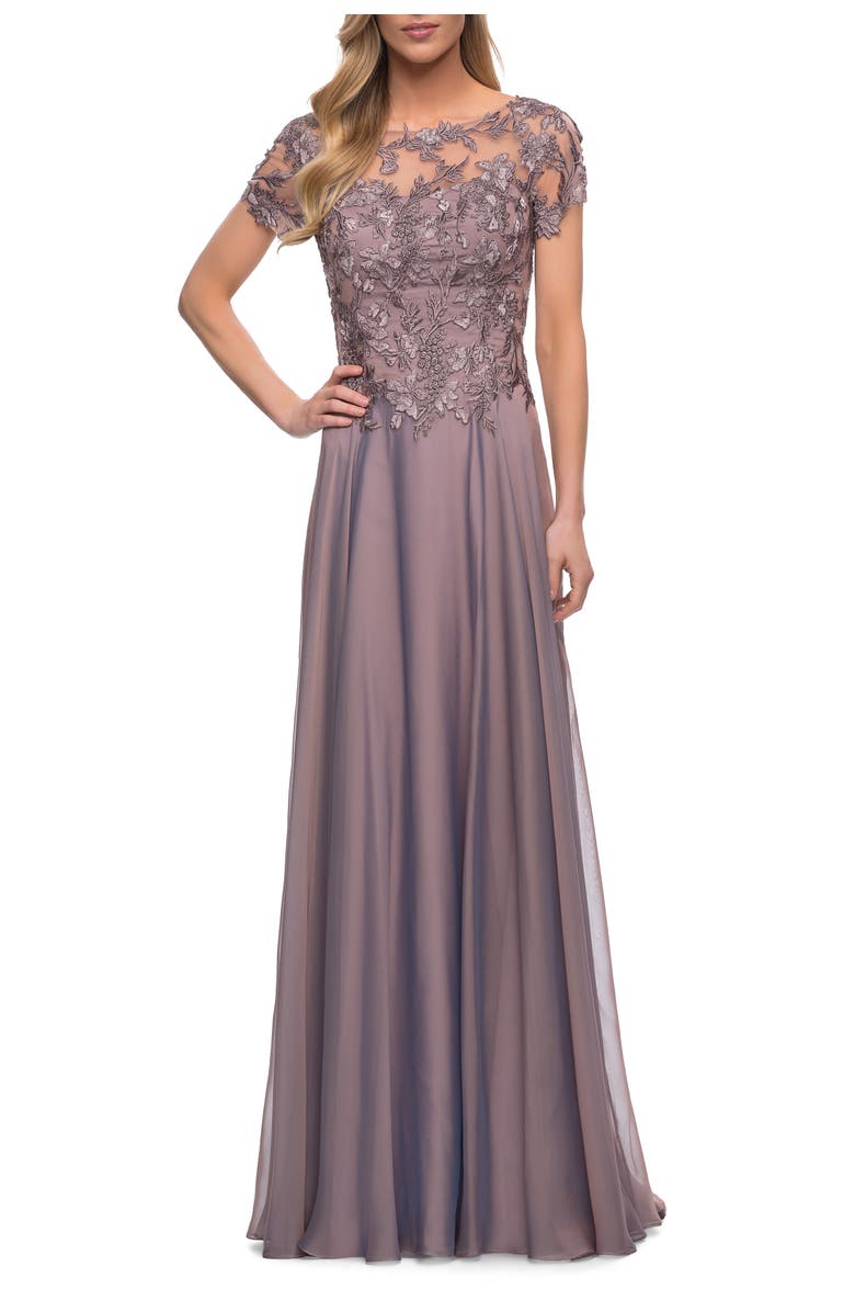 La Femme Chiffon Evening Gown with Lace Bodice, Main, color, Dark Mauve