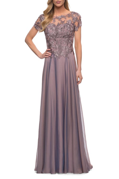 La Femme Floral Embroidery Chiffon Column Gown In Dark Mauve