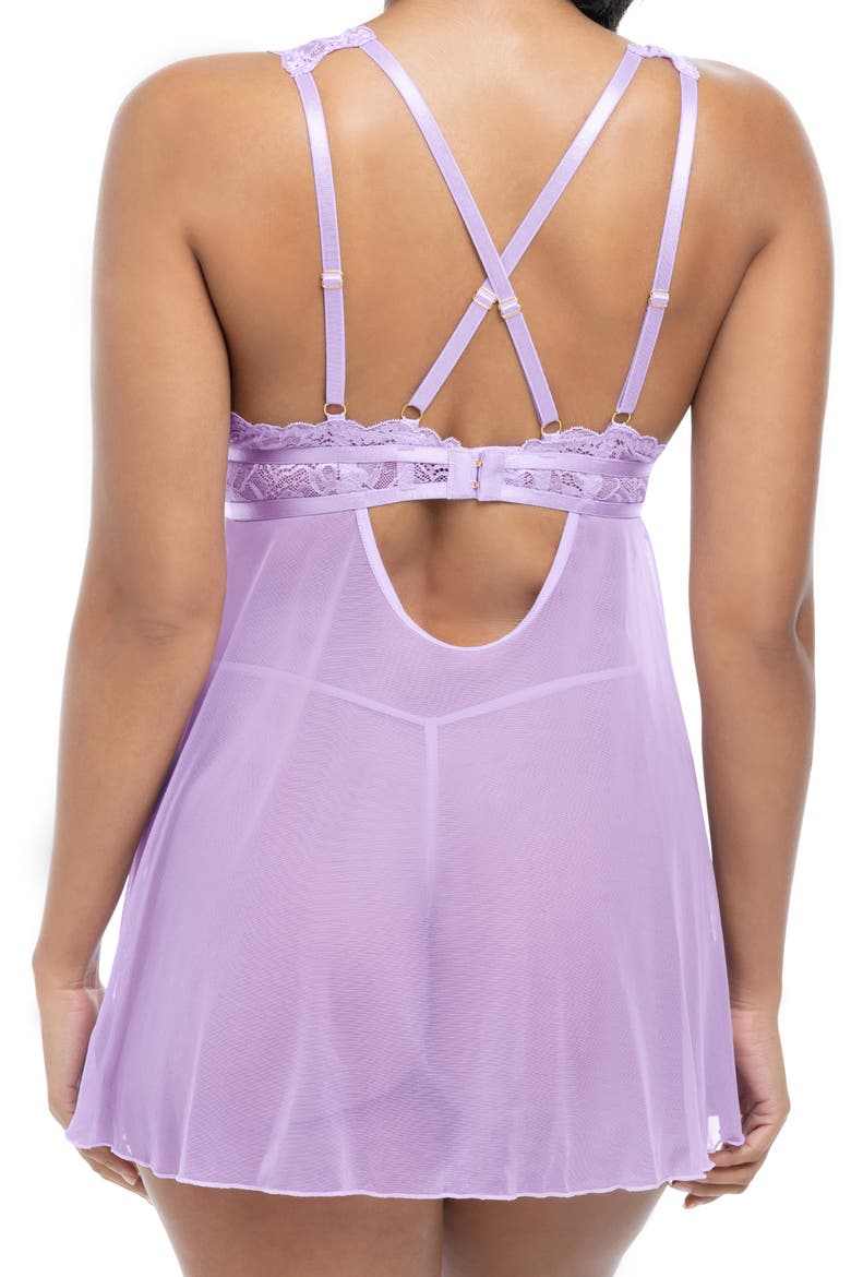 Stassi Lace & Mesh Babydoll Chemise & G-String Set, Alternate, color, LAVENDULA