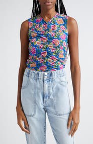 Veronica Beard Tazmin Floral Center Ruched Mesh Top