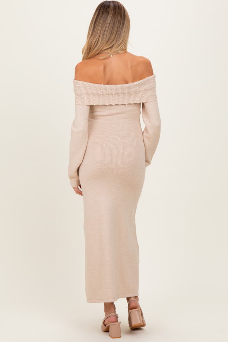 Faux Pearl Detail Off Shoulder Sweater Dress, Alternate, color, Beige