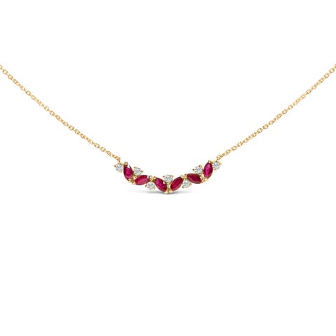 14K Yellow Gold Red Ruby and Diamond Trio Bar Line Necklace