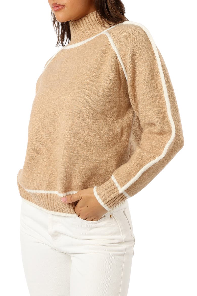 Rylee Contrast Trim Mock Neck Sweater, Alternate, color, CAMEL