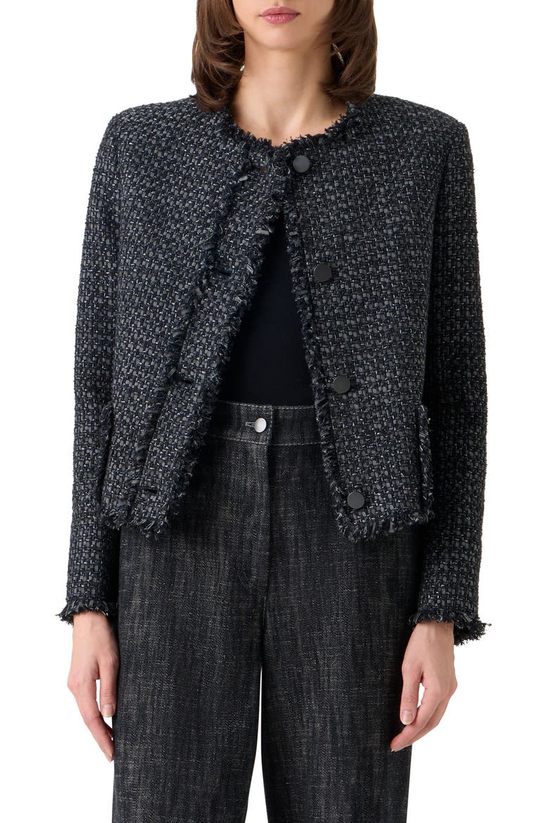 Boxy Fringe Cotton Blend Tweed Jacket, Main, color, BLACK-STONE