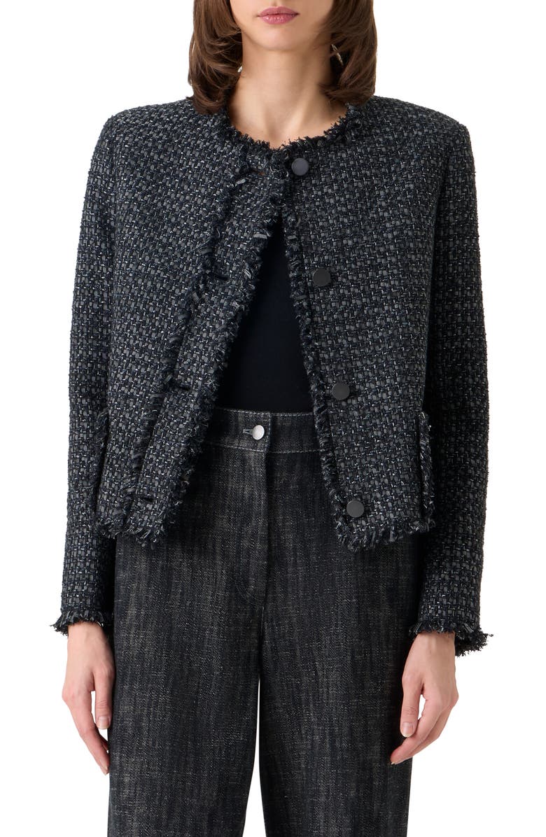 Akris punto Boxy Fringe Cotton Blend Tweed Jacket, Main, color, Black-Stone