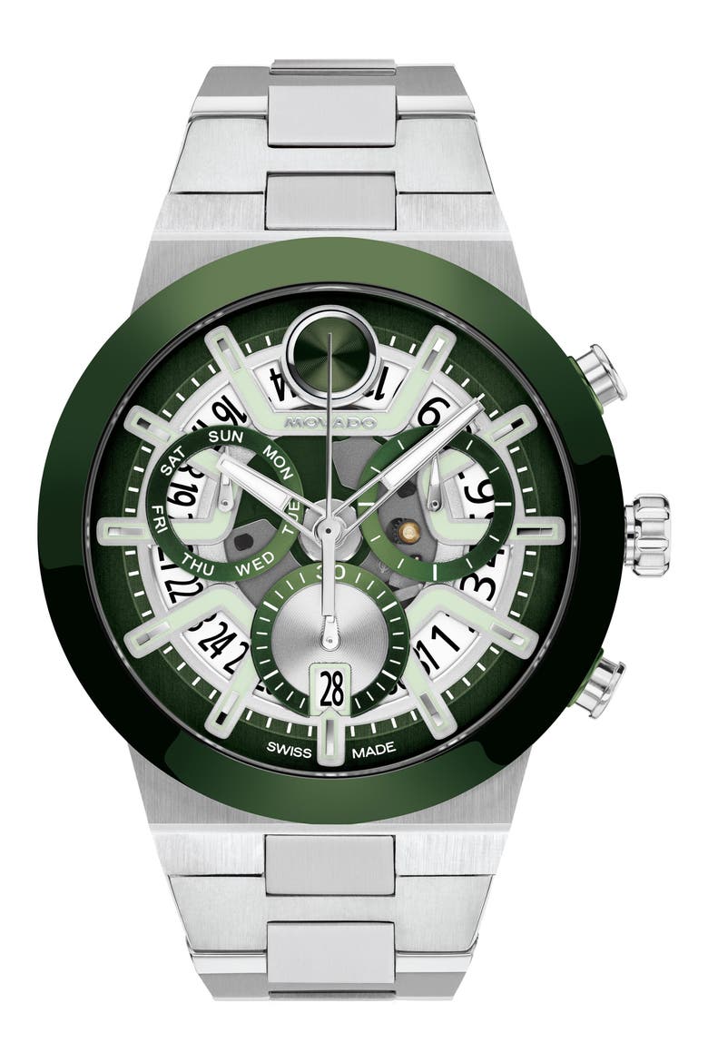 Bold Fusion Skeleton Chronograph Silicone Strap Watch, 44.5mm, Main, color, GREEN & SLNGL & TRANSPARENT