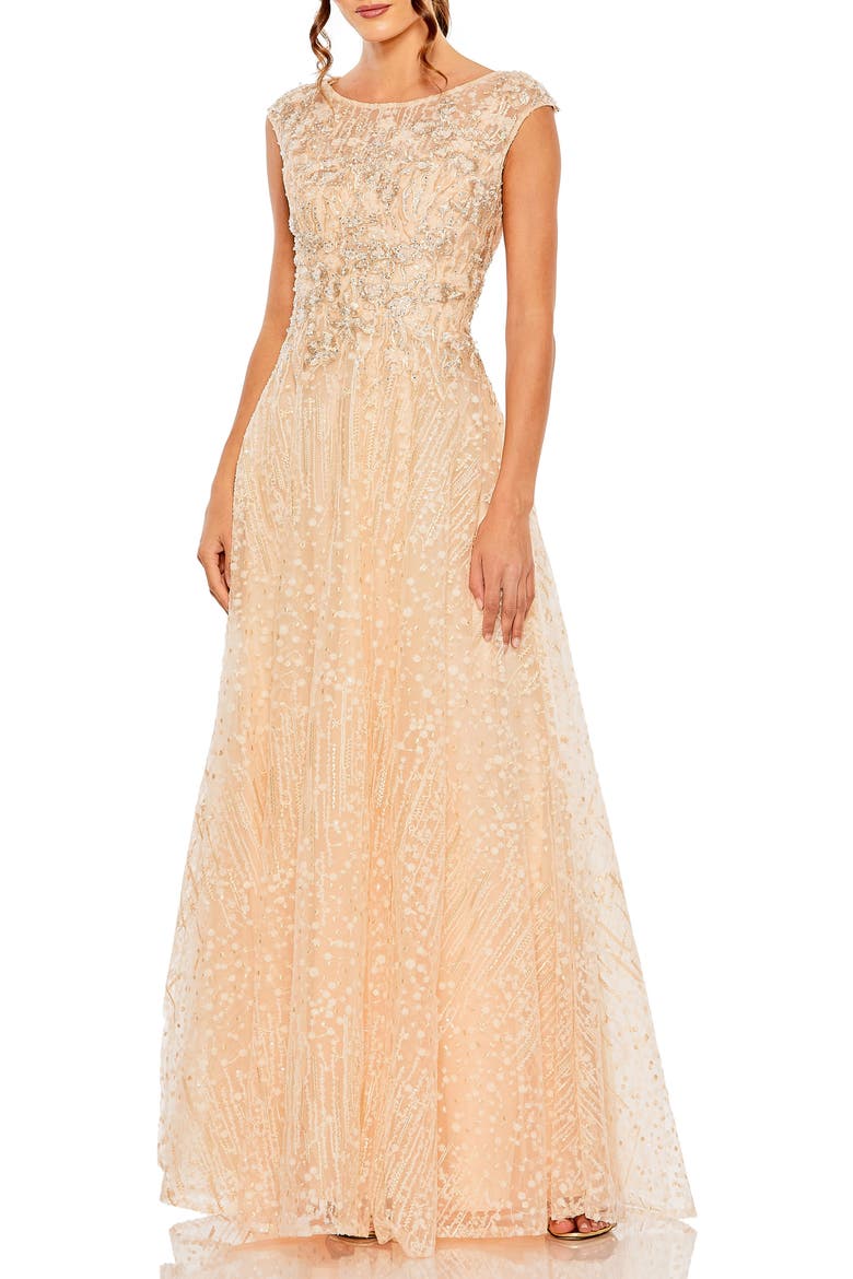 High Neck Lace Embroidered Cap Sleeve Gown, Main, color, Peach