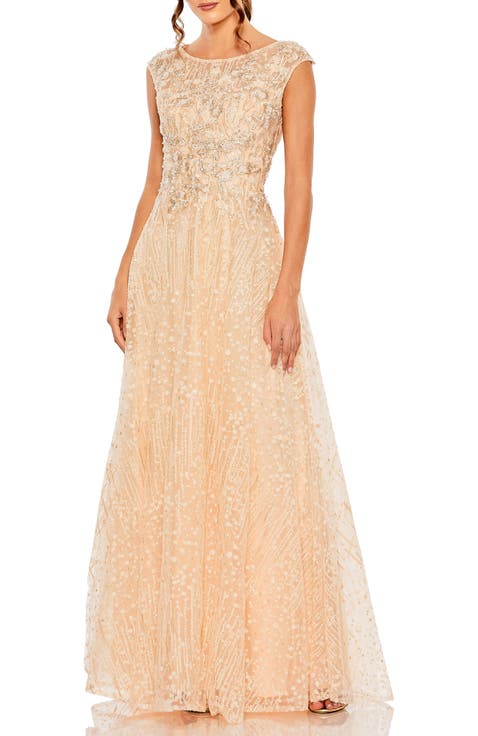 High Neck Lace Embroidered Cap Sleeve Gown