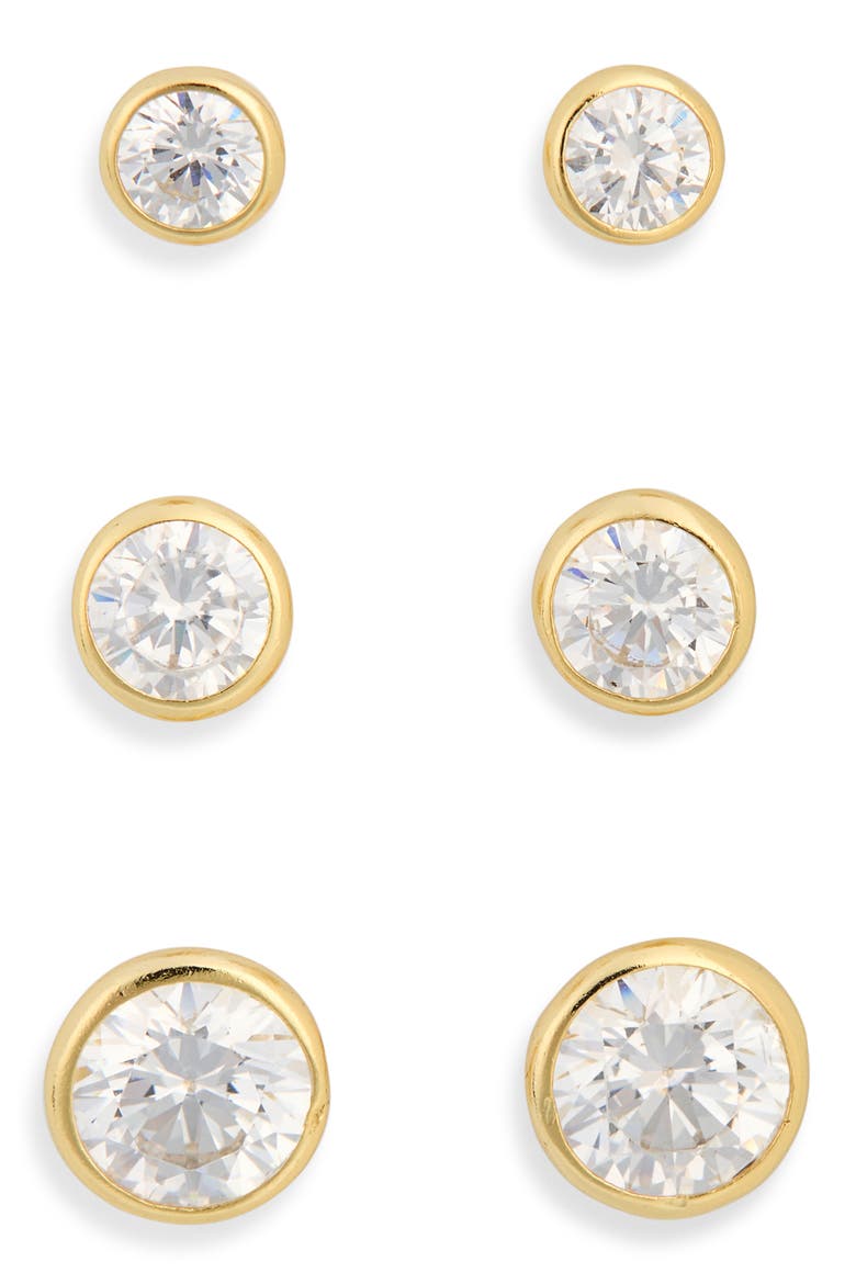 Set of 3 Bezel Stud Earrings, Alternate, color, CLEAR- GOLD
