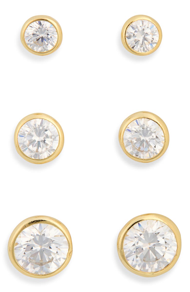 NORDSTROM RACK Set of 3 Bezel Stud Earrings, Alternate, color, Clear- Gold