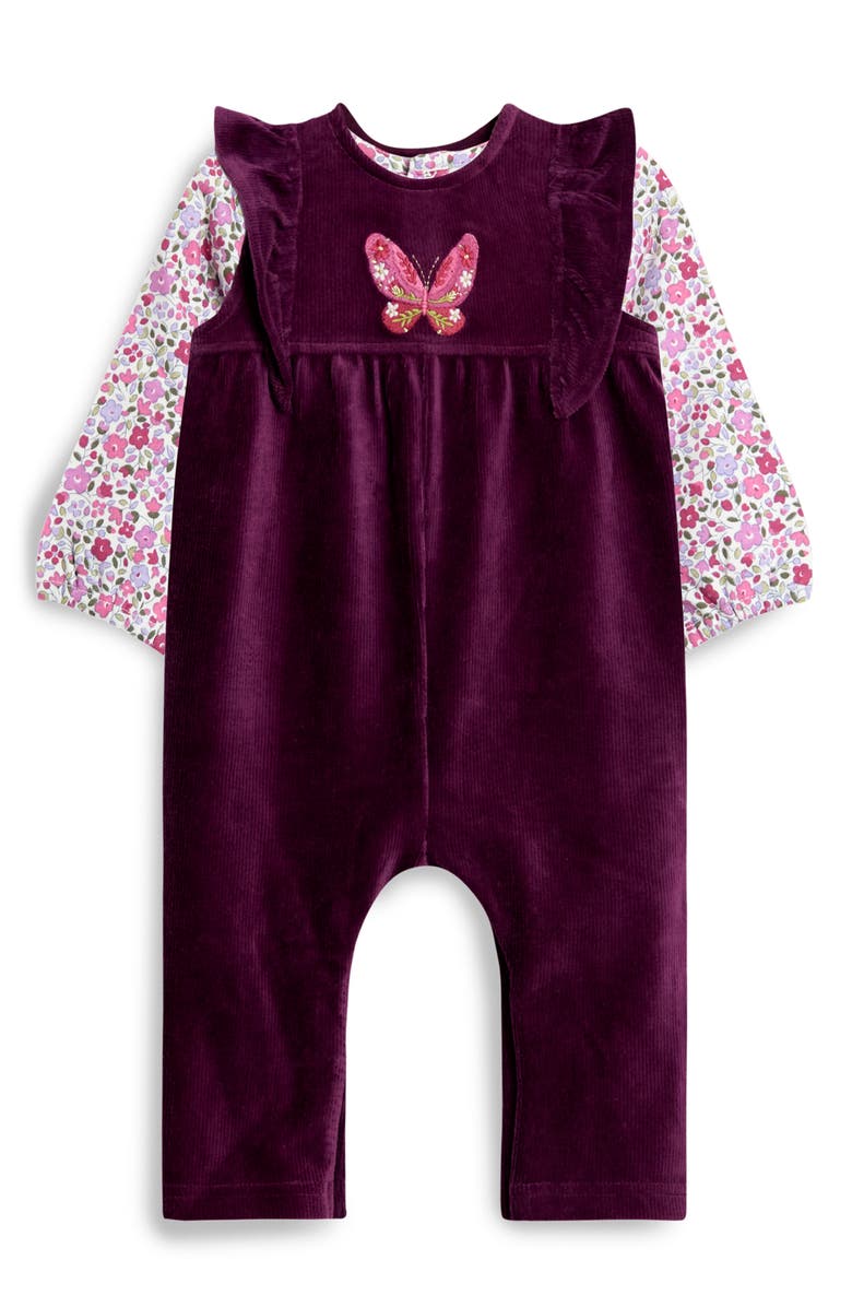JOJO MAMAN BEBE Butterfly Cotton T-Shirt & Velour Overalls Set, Main, color, Plum