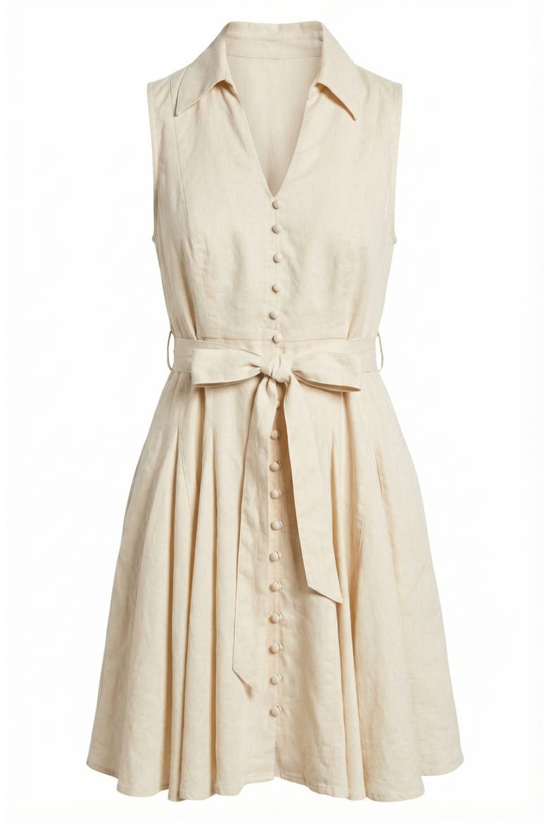 Sleeveless Fit-and-Flare Button-Front Dress, Alternate, color, Beige